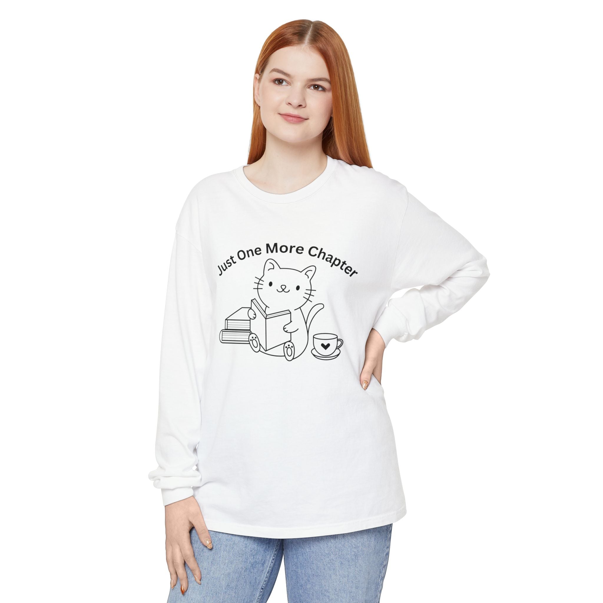 Cat Reader Long Sleeve Tee — “Just One More Chapter” Book Lover Shirt