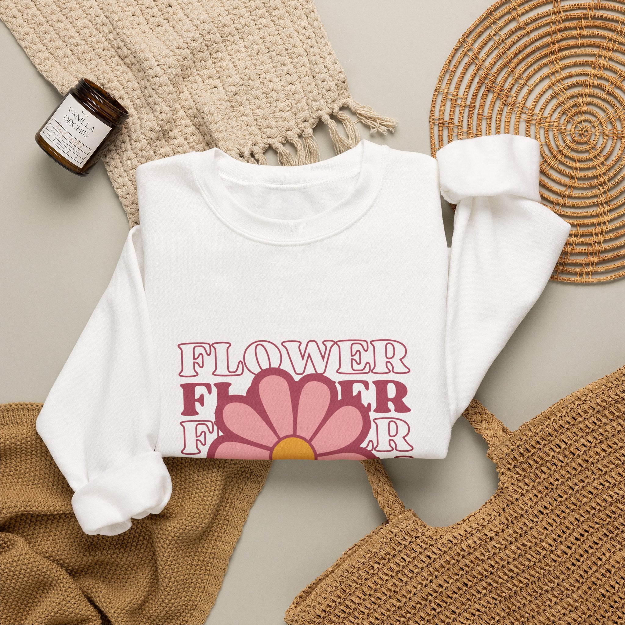 Flower Crewneck Sweatshirt — Retro Pink Daisy Graphic