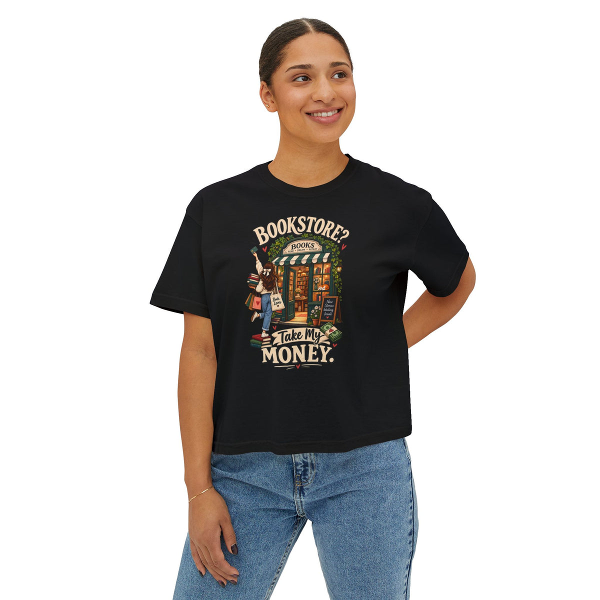 Bookstore Take My Money Women's Boxy Tee — Cute Book Lover Graphic Shirt