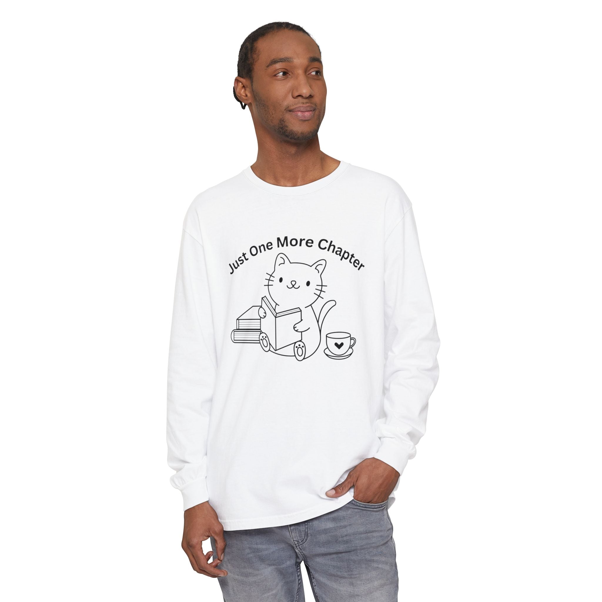 Cat Reader Long Sleeve Tee — “Just One More Chapter” Book Lover Shirt