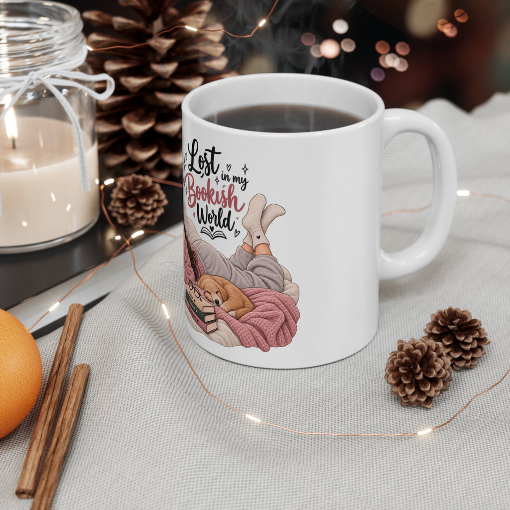 Lost in My Bookish World — Cozy Book Lover Coffee Cup (11 oz)