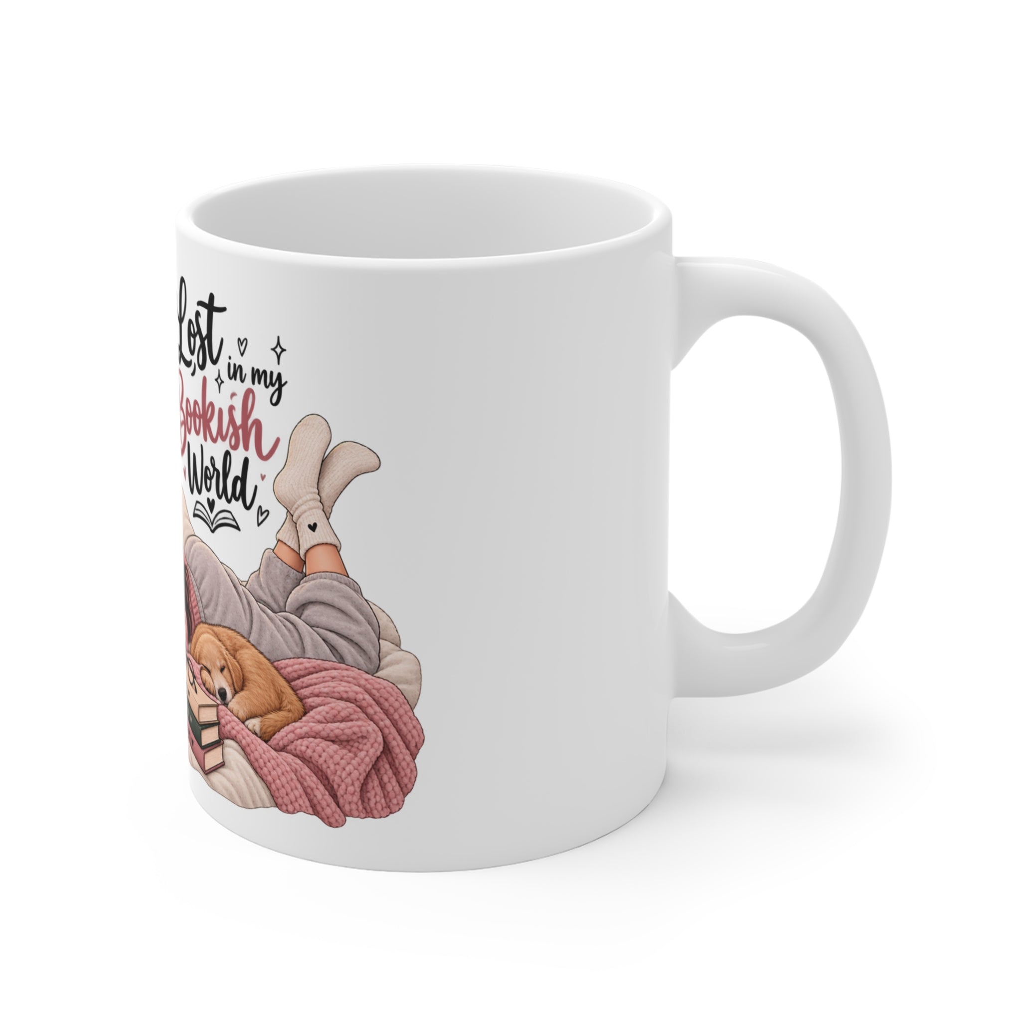 Lost in My Bookish World — Cozy Book Lover Coffee Cup (11 oz)