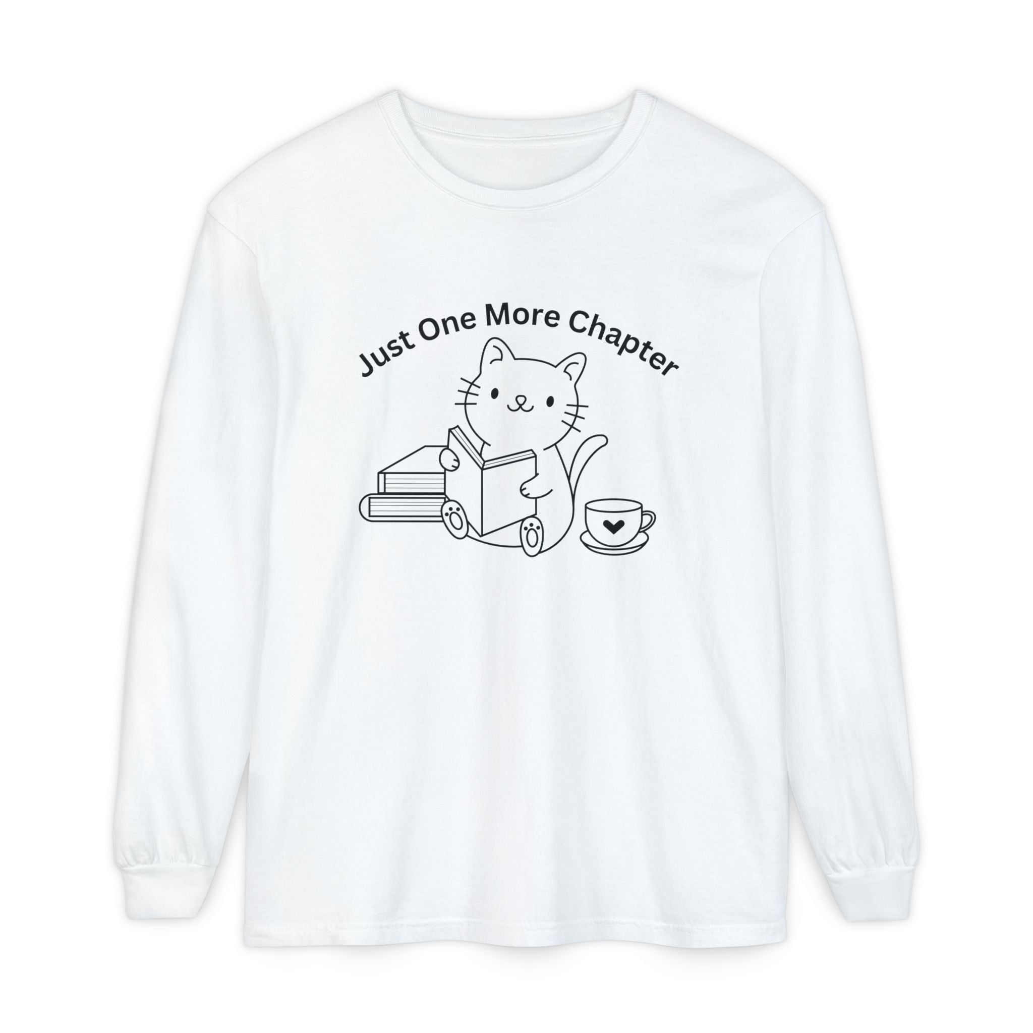 Cat Reader Long Sleeve Tee — “Just One More Chapter” Book Lover Shirt