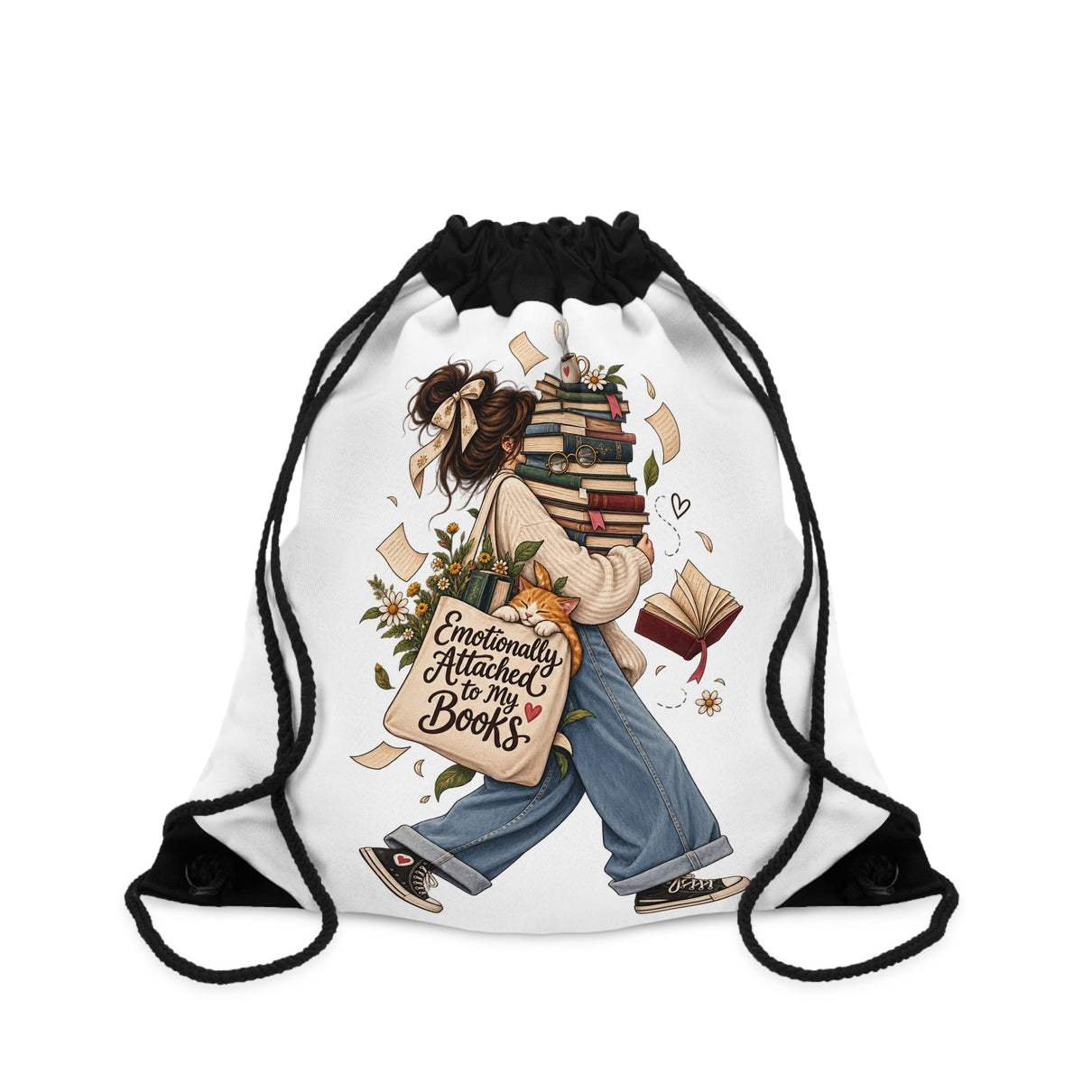 Book Lover Drawstring Bag — "Emotionally Attached to Books" Illustration
