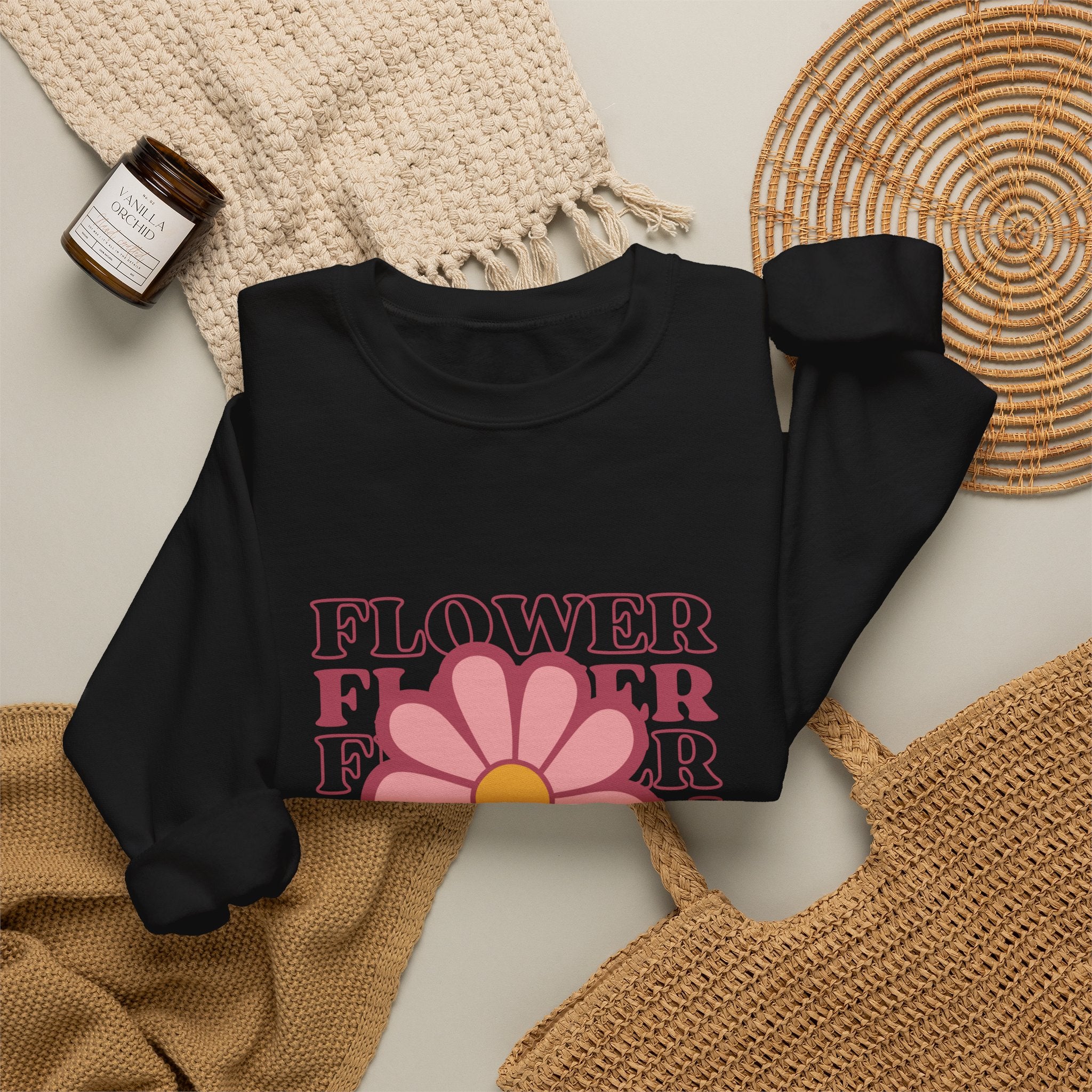 Flower Crewneck Sweatshirt — Retro Pink Daisy Graphic