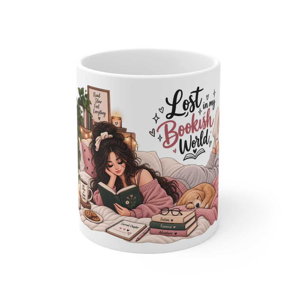 Lost in My Bookish World — Cozy Book Lover Coffee Cup (11 oz)