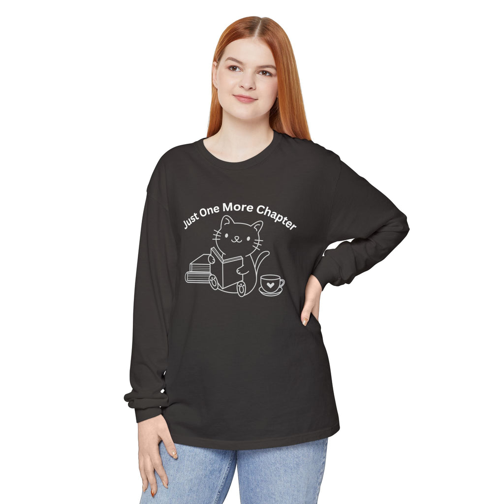 Cat Reader Long Sleeve Tee — “Just One More Chapter” Book Lover Shirt