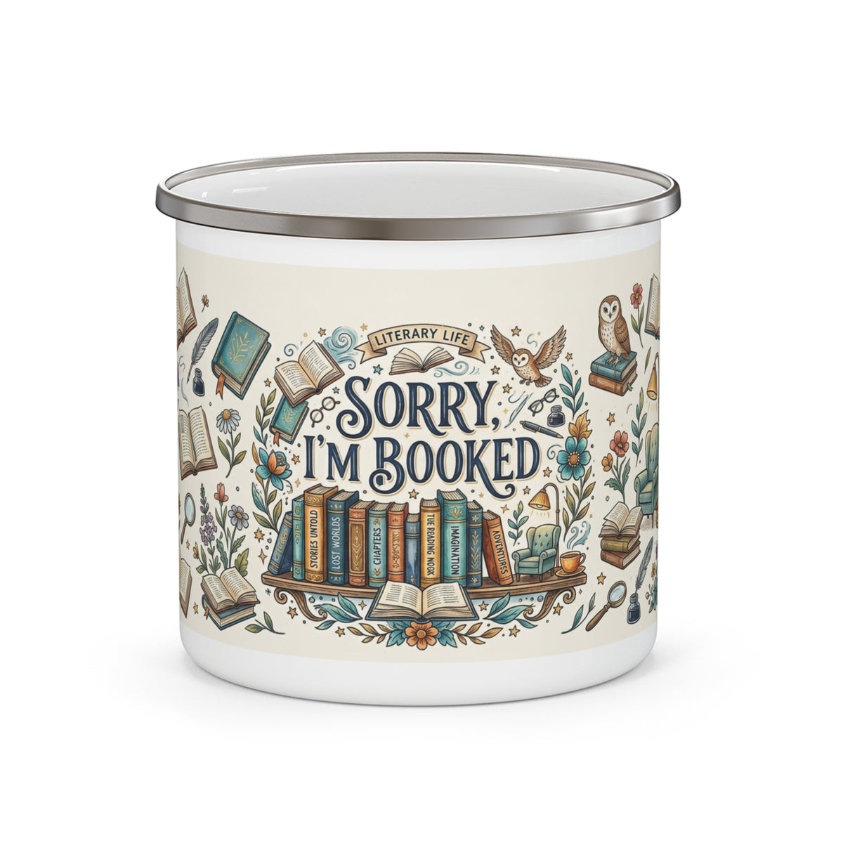 Sorry I'm Booked Enamel Camping Mug – Booklover Rustic Outdoor Coffee Cup