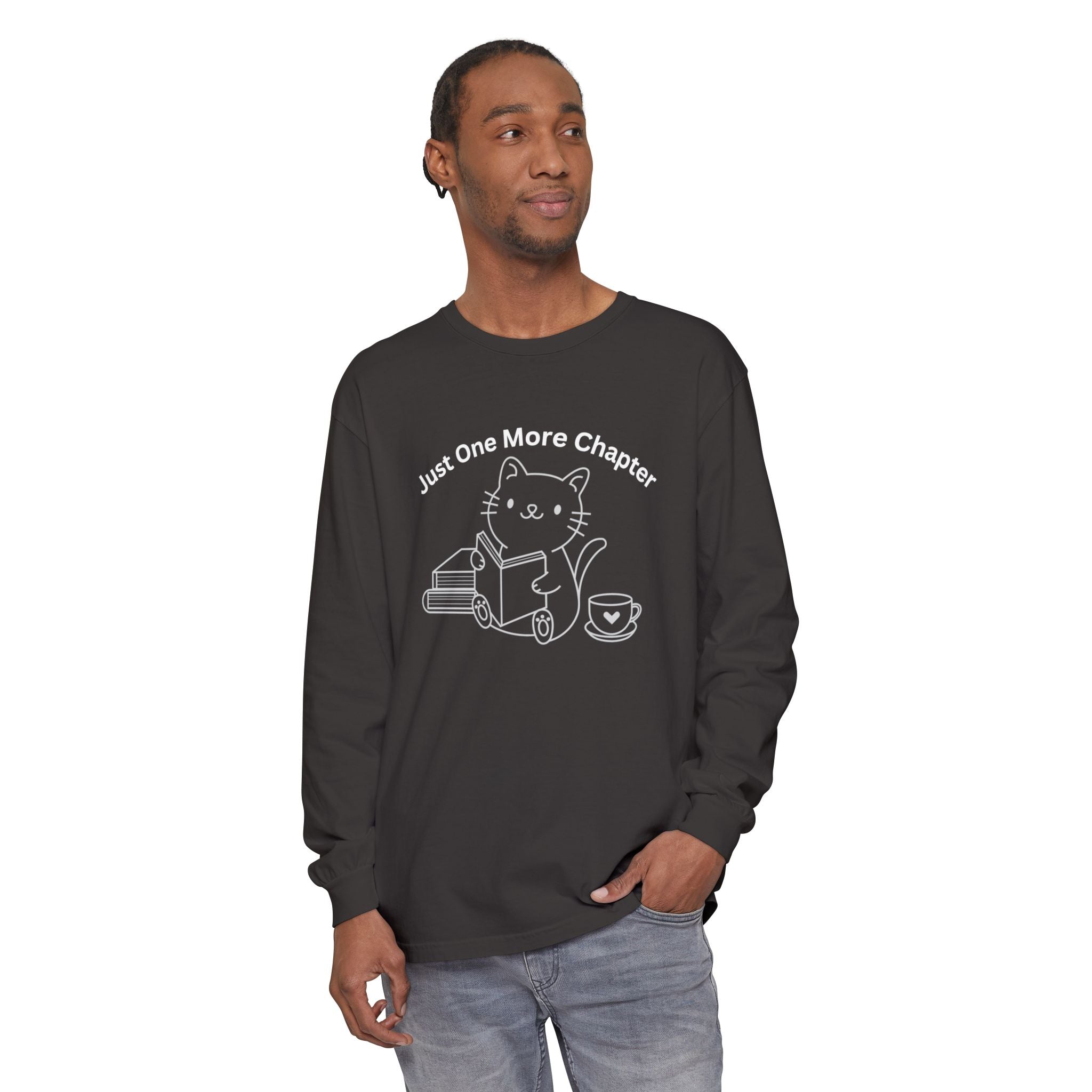 Cat Reader Long Sleeve Tee — “Just One More Chapter” Book Lover Shirt